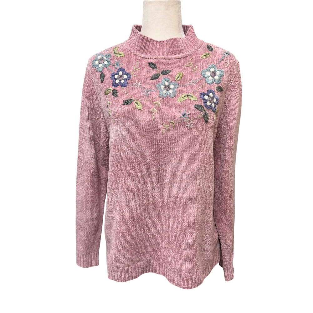 Vtg 90s Y2k Sweater Women M Pink Chenille Floral Embroidery Cottagecore Feminine